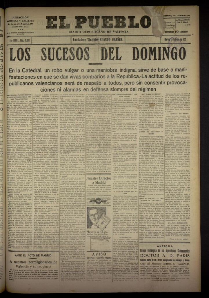Miniatura de El Pueblo : Diario republicano de Valencia del 16 de febrero de 1932, nº 13680