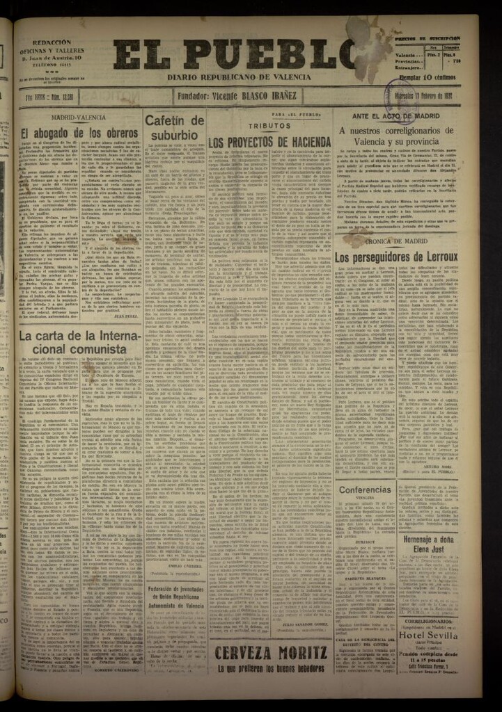 Miniatura de El Pueblo : Diario republicano de Valencia del 17 de febrero de 1932, nº 13681