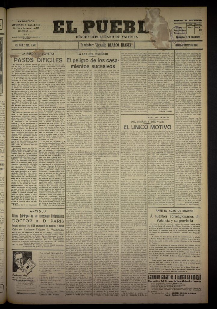 Miniatura de El Pueblo : Diario republicano de Valencia del 18 de febrero de 1932, nº 13682
