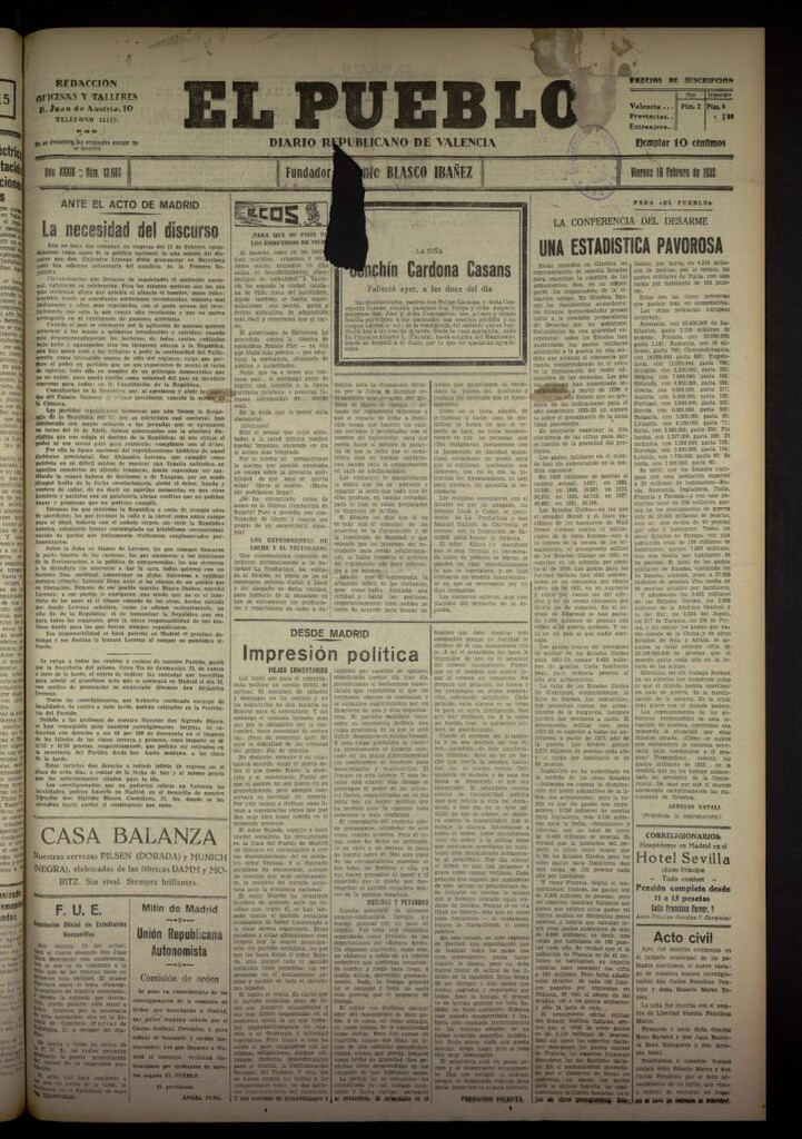 Miniatura de El Pueblo : Diario republicano de Valencia del 19 de febrero de 1932, nº 13683