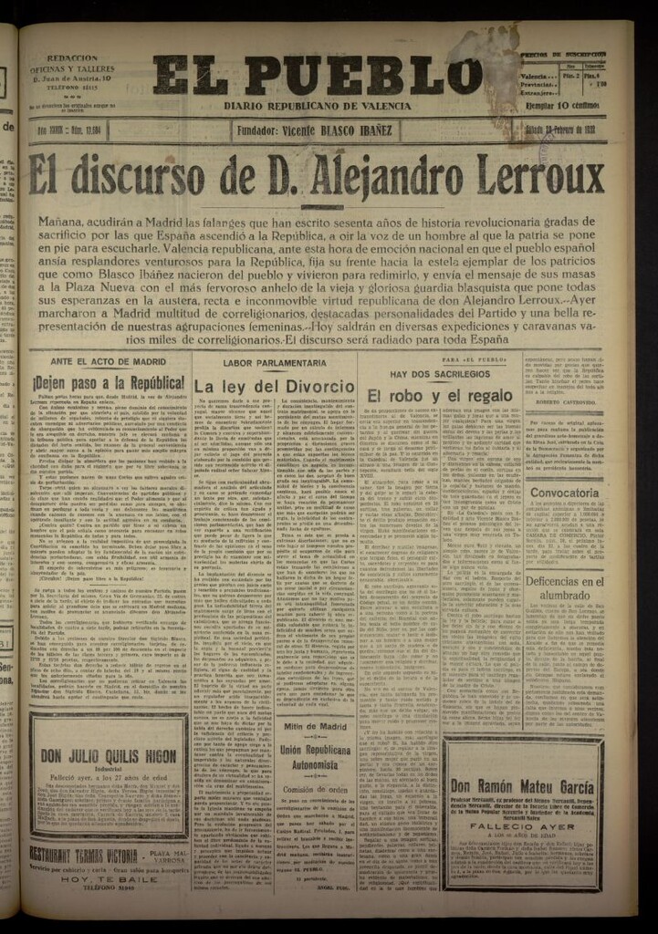 Miniatura de El Pueblo : Diario republicano de Valencia del 20 de febrero de 1932, nº 13684
