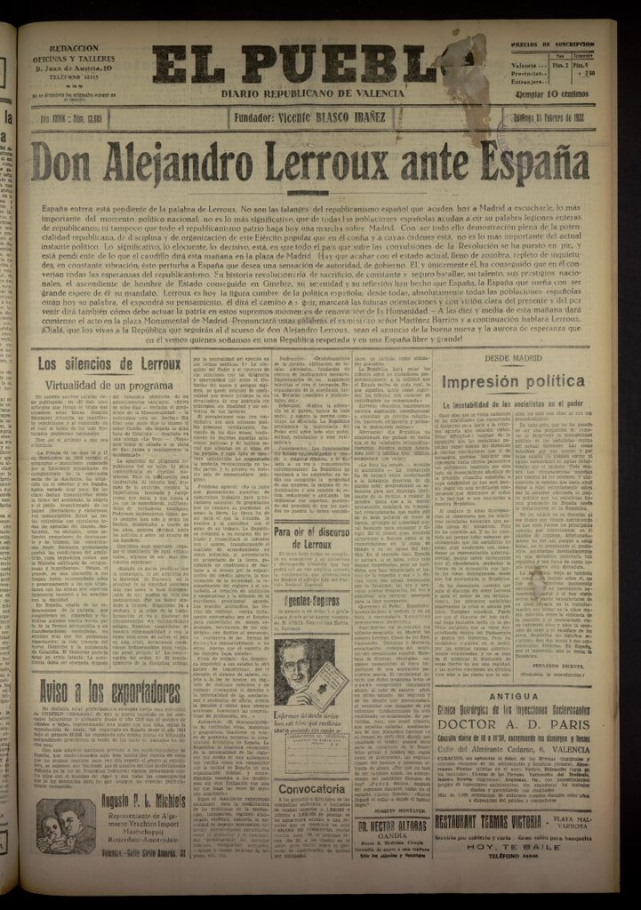 Miniatura de El Pueblo : Diario republicano de Valencia del 21 de febrero de 1932, nº 13685