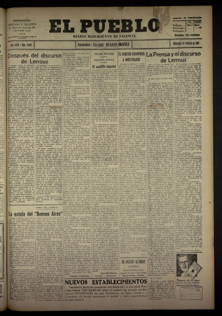 Miniatura de El Pueblo : Diario republicano de Valencia del 24 de febrero de 1932, nº 13687
