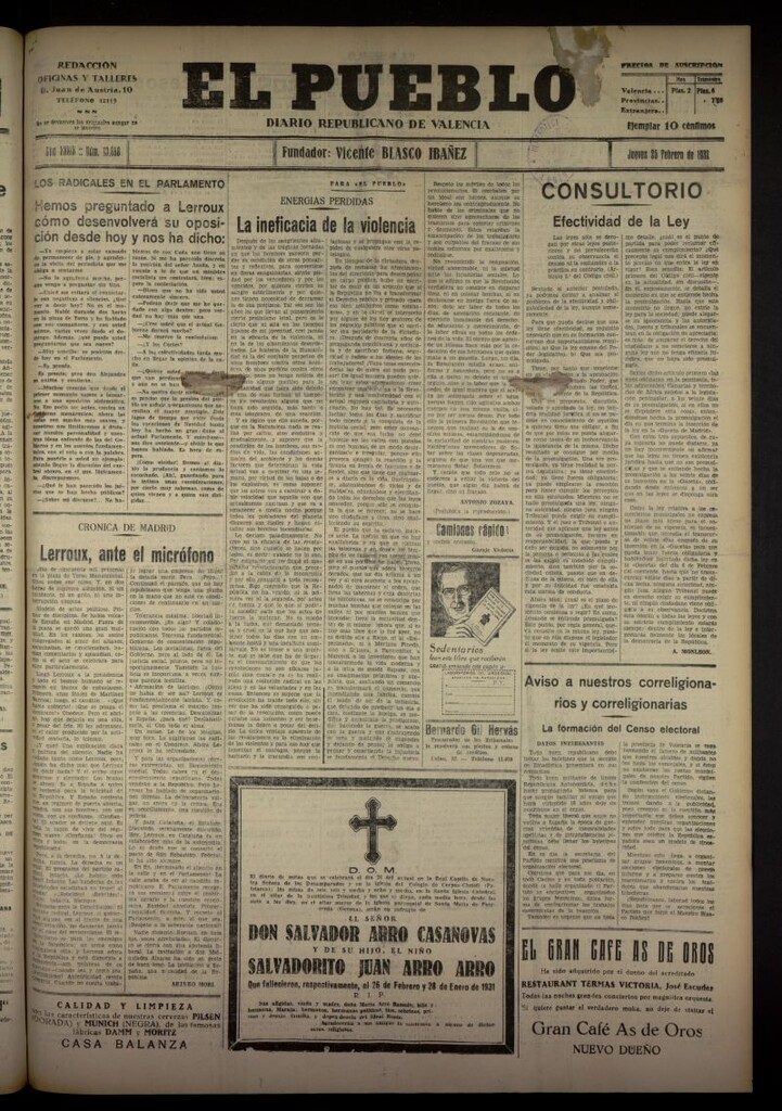 Miniatura de El Pueblo : Diario republicano de Valencia del 25 de febrero de 1932, nº 13688