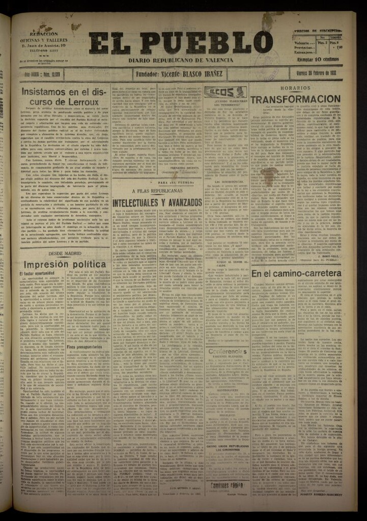 Miniatura de El Pueblo : Diario republicano de Valencia del 26 de febrero de 1932, nº 13689