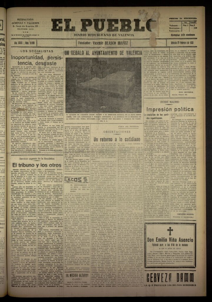Miniatura de El Pueblo : Diario republicano de Valencia del 27 de febrero de 1932, nº 13690