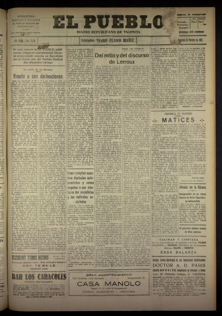 Miniatura de El Pueblo : Diario republicano de Valencia del 28 de febrero de 1932, nº 13691