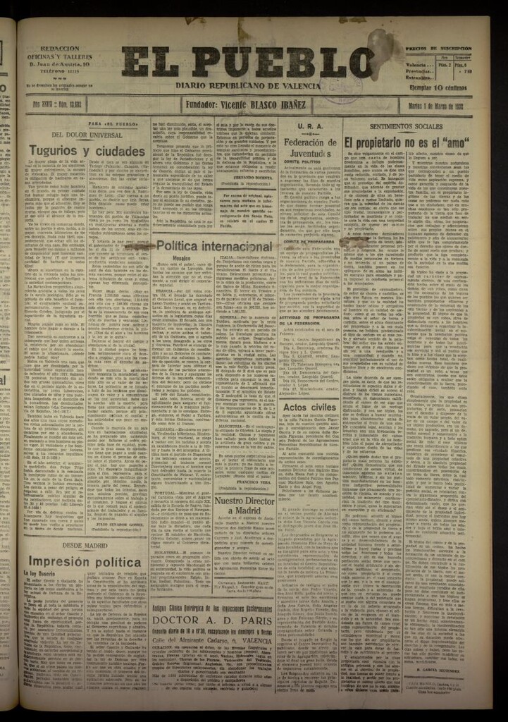 Miniatura de El Pueblo : Diario republicano de Valencia del 1 de marzo de 1932, nº 13692