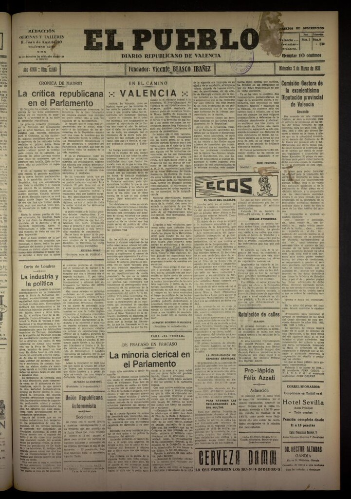 Miniatura de El Pueblo : Diario republicano de Valencia del 2 de marzo de 1932, nº 13693