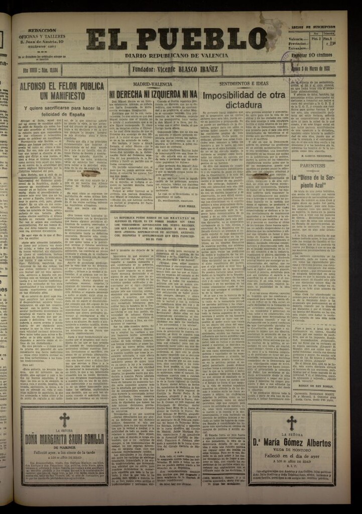 Miniatura de El Pueblo : Diario republicano de Valencia del 3 de marzo de 1932, nº 13694