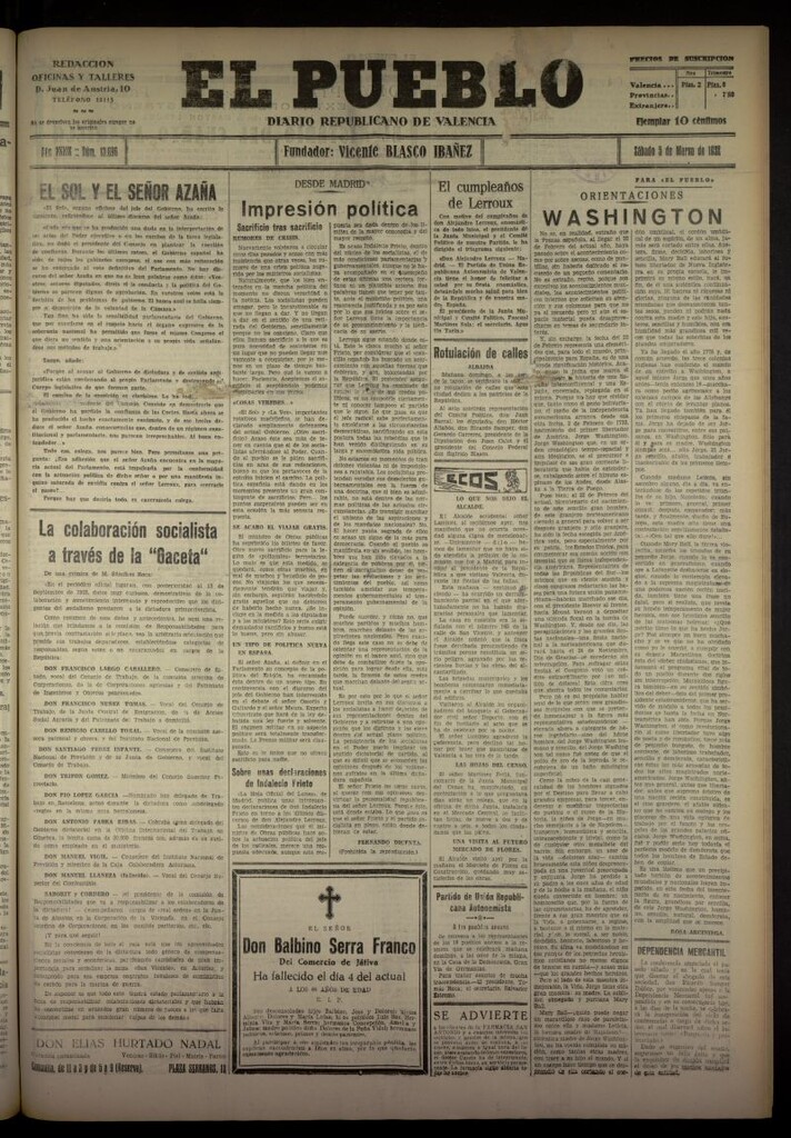 Miniatura de El Pueblo : Diario republicano de Valencia del 5 de marzo de 1932, nº 13696