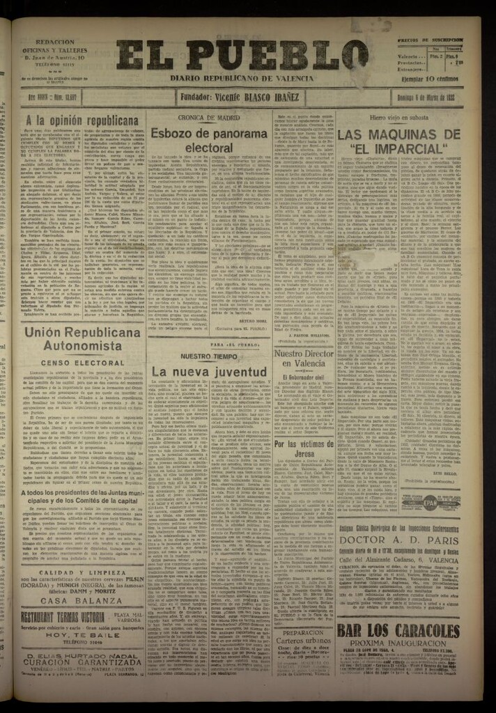 Miniatura de El Pueblo : Diario republicano de Valencia del 6 de marzo de 1932, nº 13697