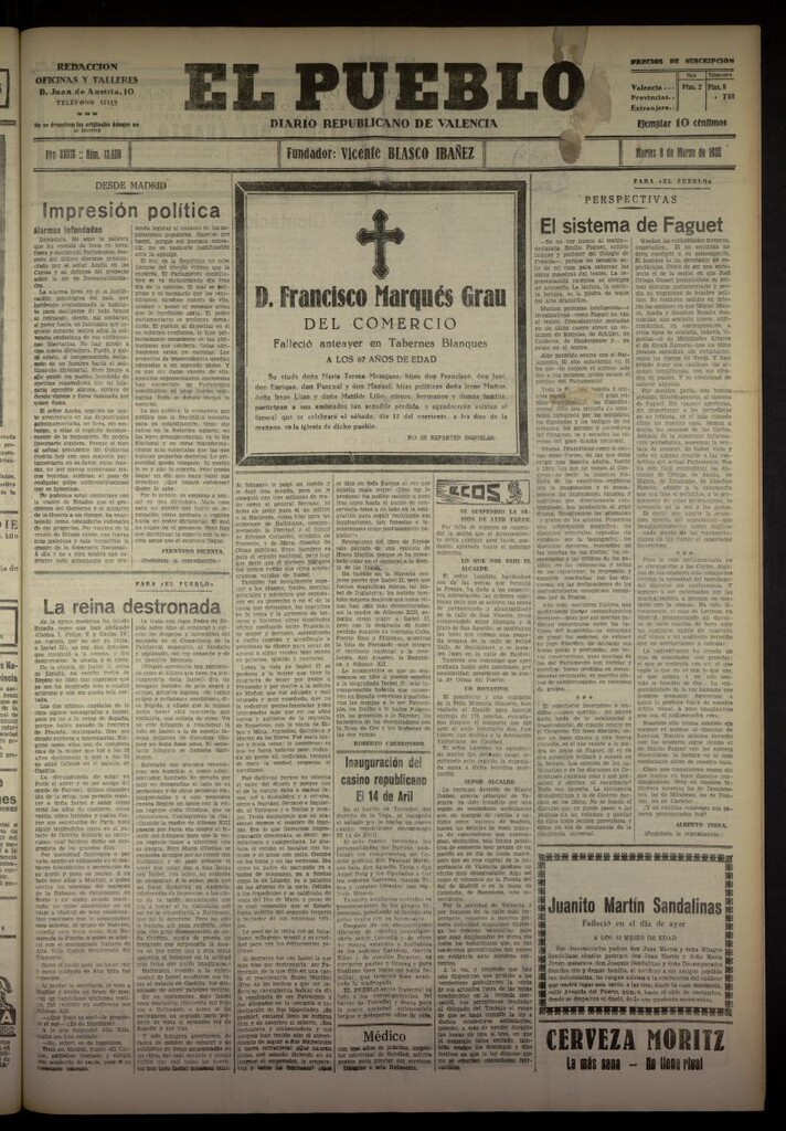 Miniatura de El Pueblo : Diario republicano de Valencia del 8 de marzo de 1932, nº 13698