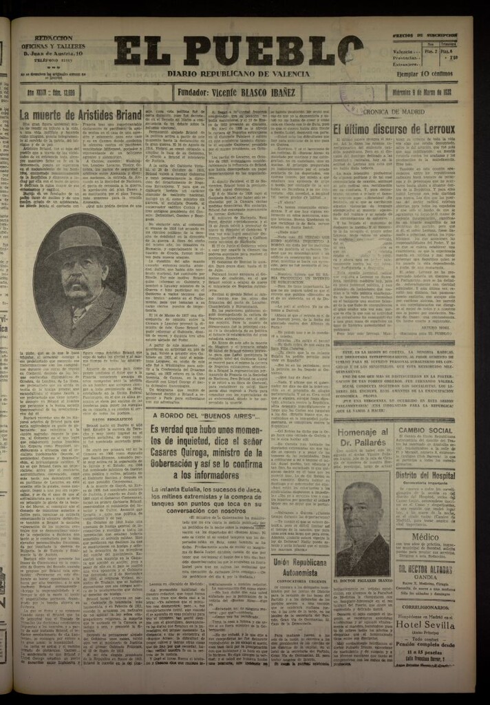 Miniatura de El Pueblo : Diario republicano de Valencia del 9 de marzo de 1932, nº 13699
