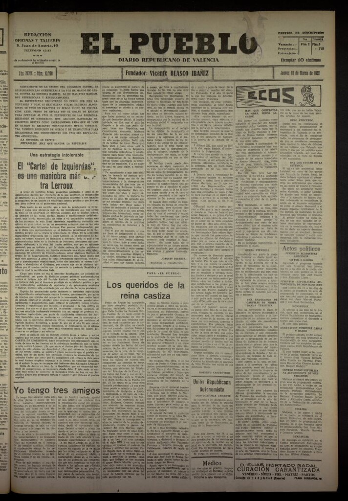 Miniatura de El Pueblo : Diario republicano de Valencia del 10 de marzo de 1932, nº 13700