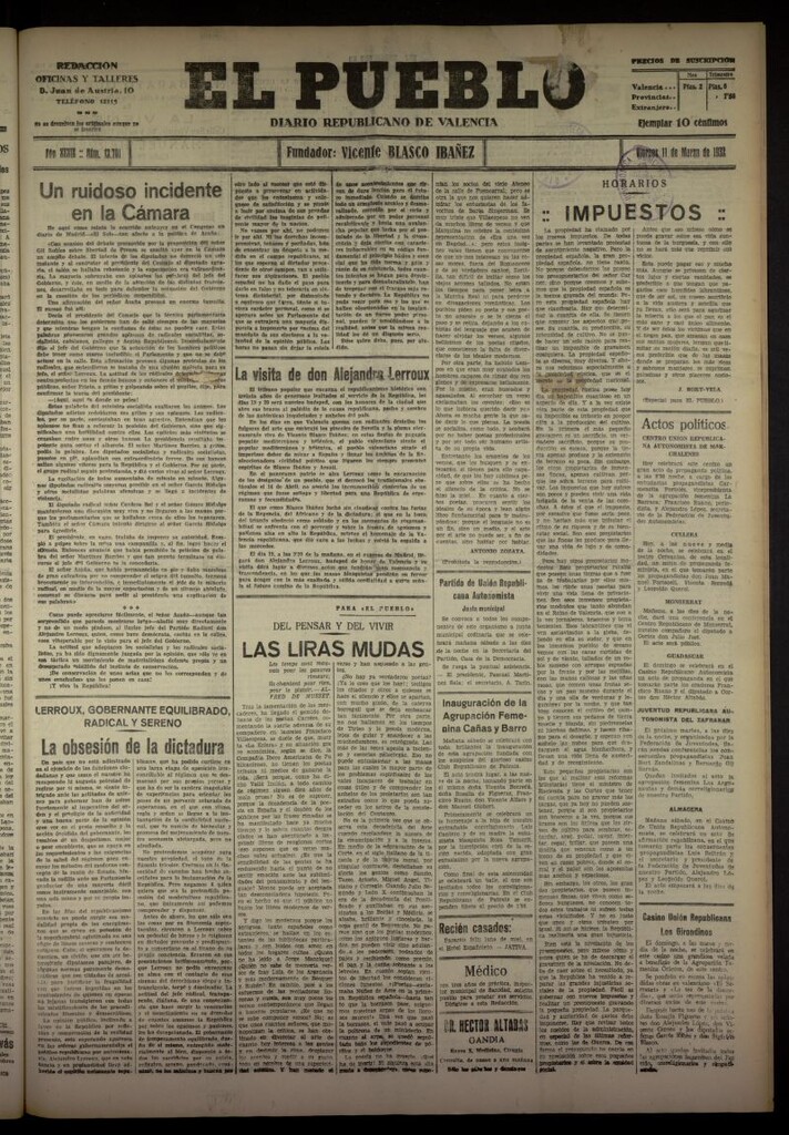 Miniatura de El Pueblo : Diario republicano de Valencia del 11 de marzo de 1932, nº 13701