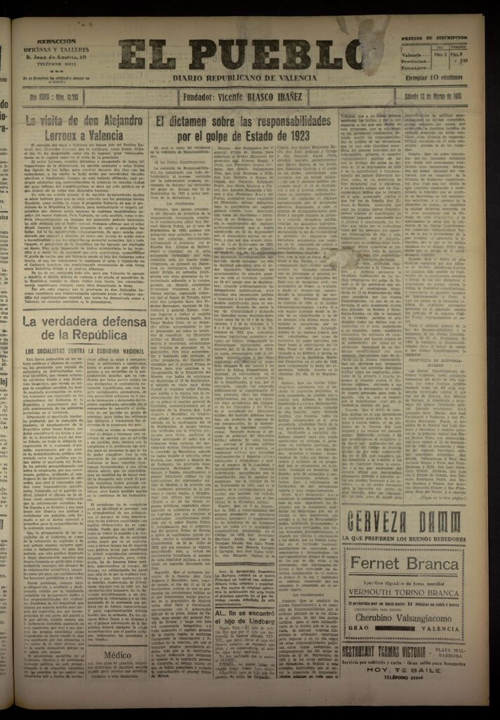 Miniatura de El Pueblo : Diario republicano de Valencia del 12 de marzo de 1932, nº 13702