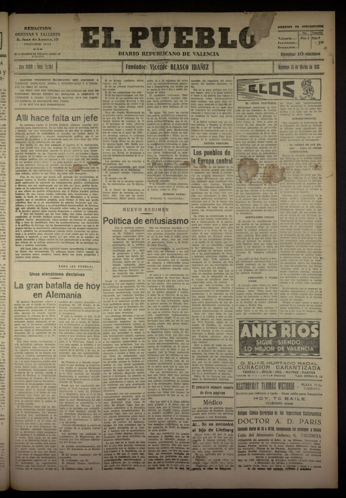 Miniatura de El Pueblo : Diario republicano de Valencia del 13 de marzo de 1932, nº 13703