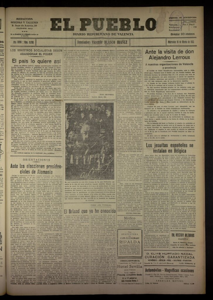 Miniatura de El Pueblo : Diario republicano de Valencia del 16 de marzo de 1932, nº 13705
