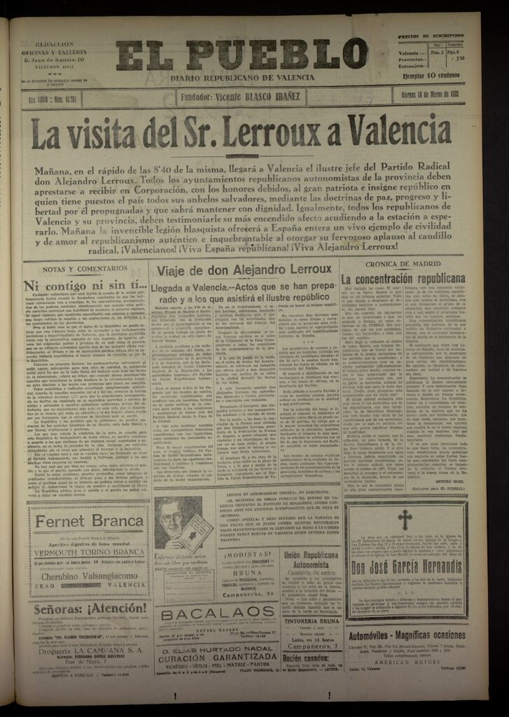 Miniatura de El Pueblo : Diario republicano de Valencia del 18 de marzo de 1932, nº 13707