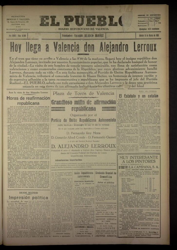 Miniatura de El Pueblo : Diario republicano de Valencia del 19 de marzo de 1932, nº 13708