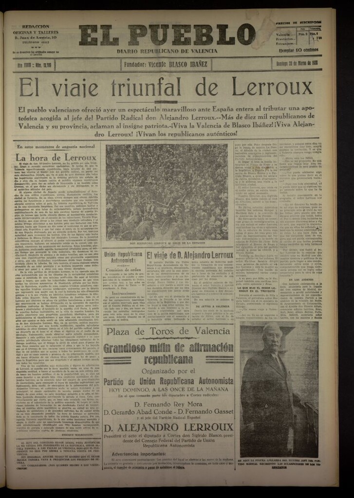Miniatura de El Pueblo : Diario republicano de Valencia del 20 de marzo de 1932, nº 13709
