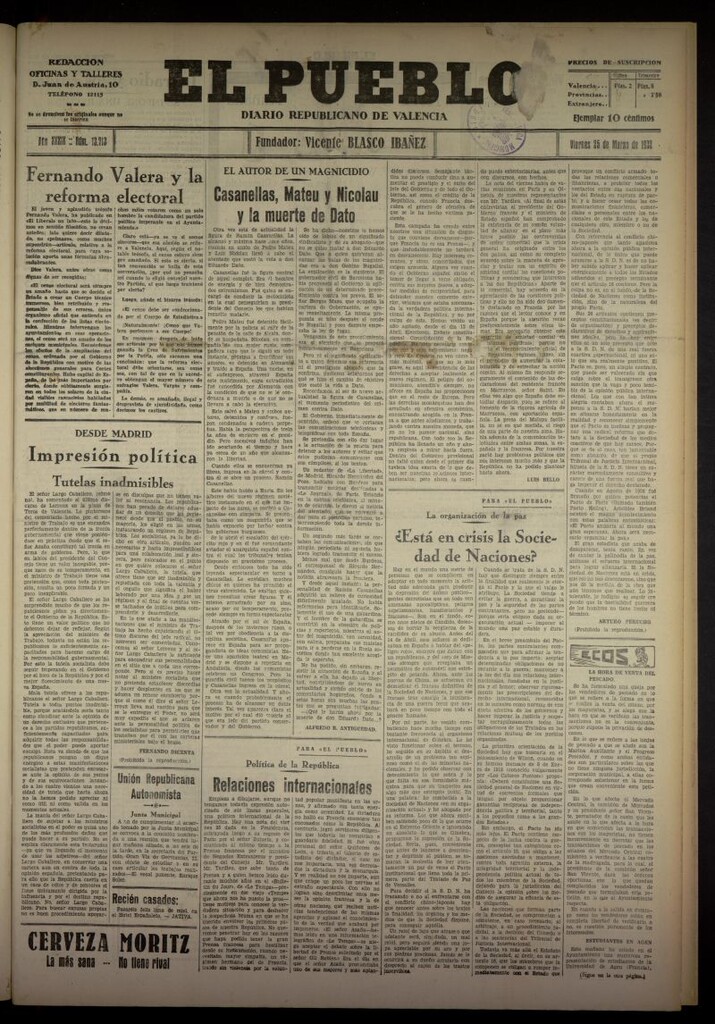 Miniatura de El Pueblo : Diario republicano de Valencia del 25 de marzo de 1932, nº 13713