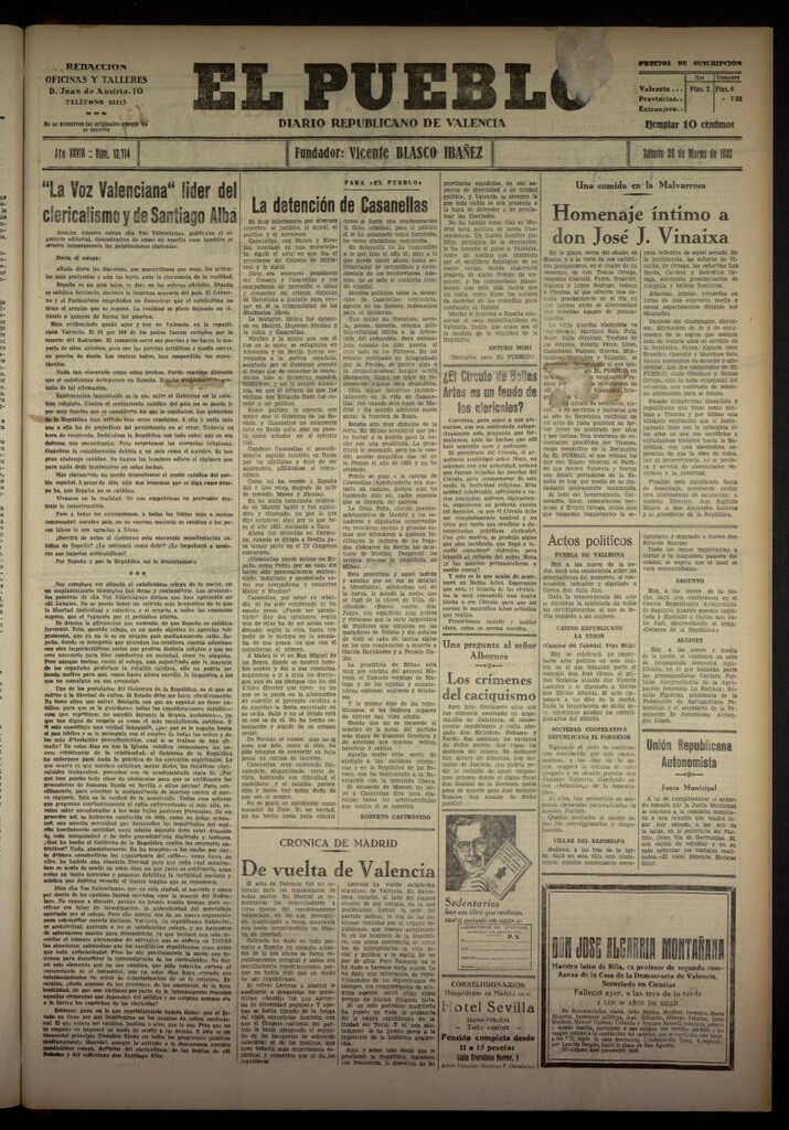 Miniatura de El Pueblo : Diario republicano de Valencia del 26 de marzo de 1932, nº 13714