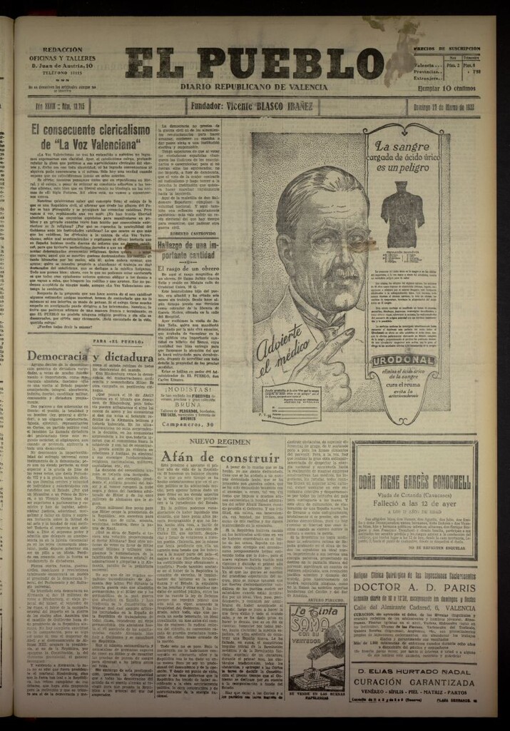 Miniatura de El Pueblo : Diario republicano de Valencia del 27 de marzo de 1932, nº 13715
