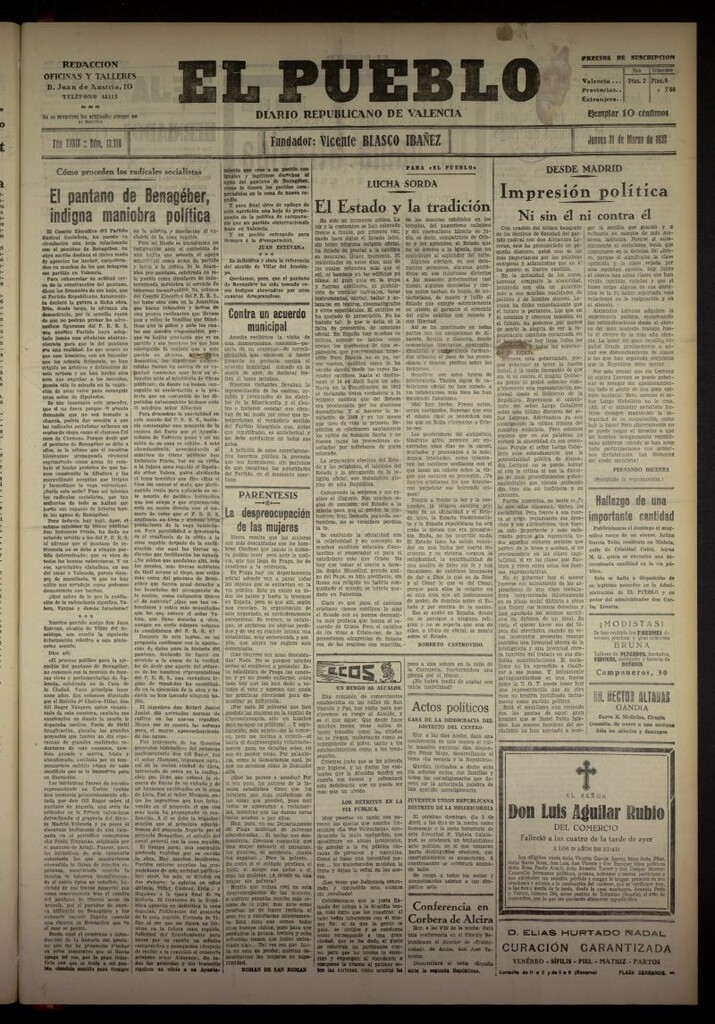 Miniatura de El Pueblo : Diario republicano de Valencia del 31 de marzo de 1932, nº 13718