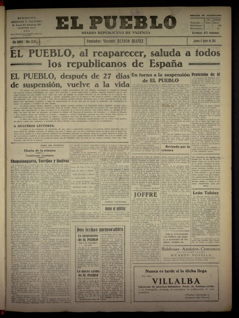 Miniatura de El Pueblo : Diario republicano de Valencia del 8 de enero de 1931, nº 13314