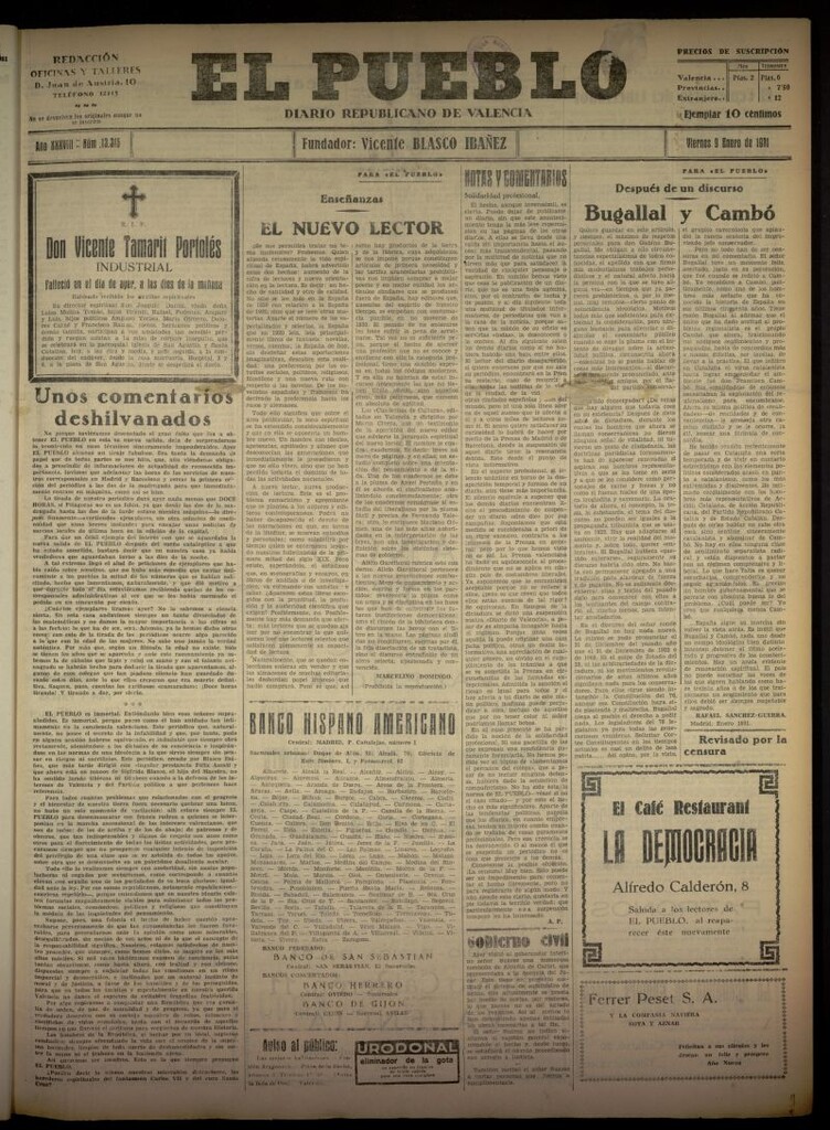 Miniatura de El Pueblo : Diario republicano de Valencia del 9 de enero de 1931, nº 13315