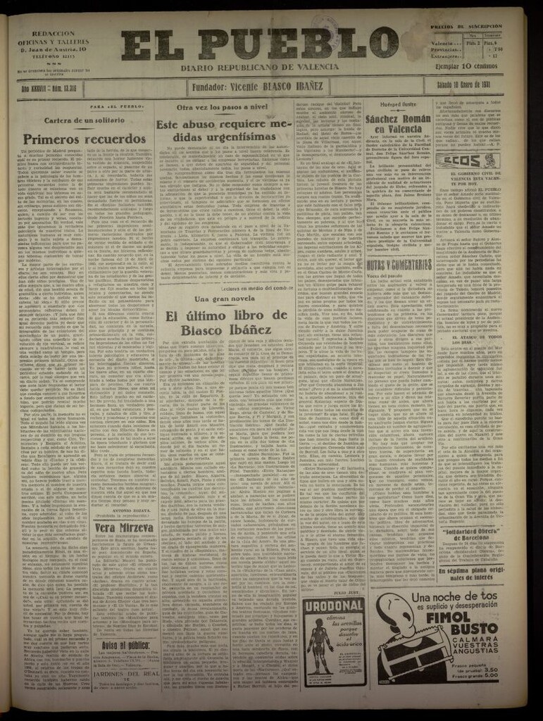 Miniatura de El Pueblo : Diario republicano de Valencia del 10 de enero de 1931, nº 13316