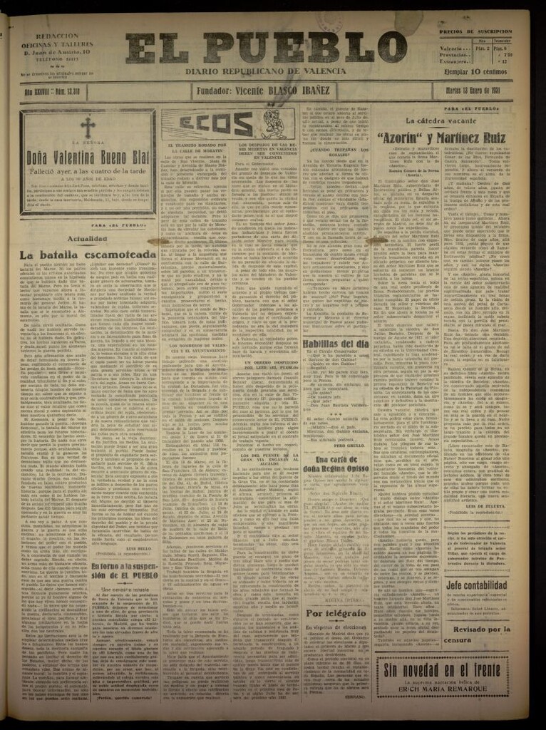 Miniatura de El Pueblo : Diario republicano de Valencia del 13 de enero de 1931, nº 13318