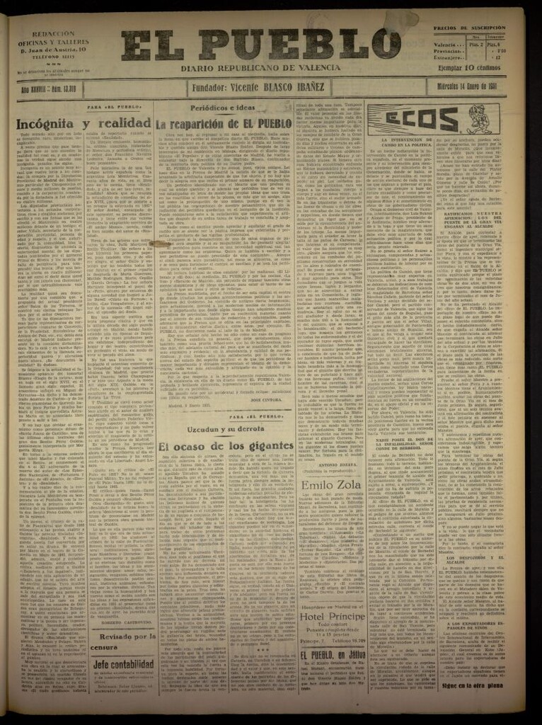 Miniatura de El Pueblo : Diario republicano de Valencia del 14 de enero de 1931, nº 13319