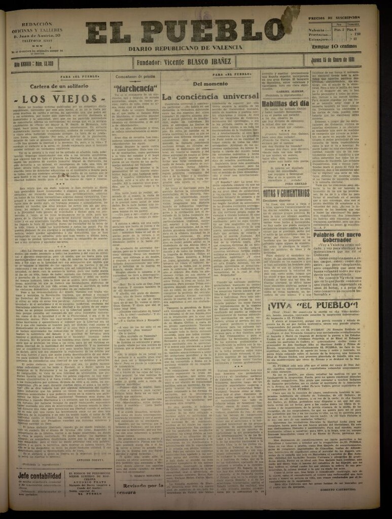 Miniatura de El Pueblo : Diario republicano de Valencia del 15 de enero de 1931, nº 13320
