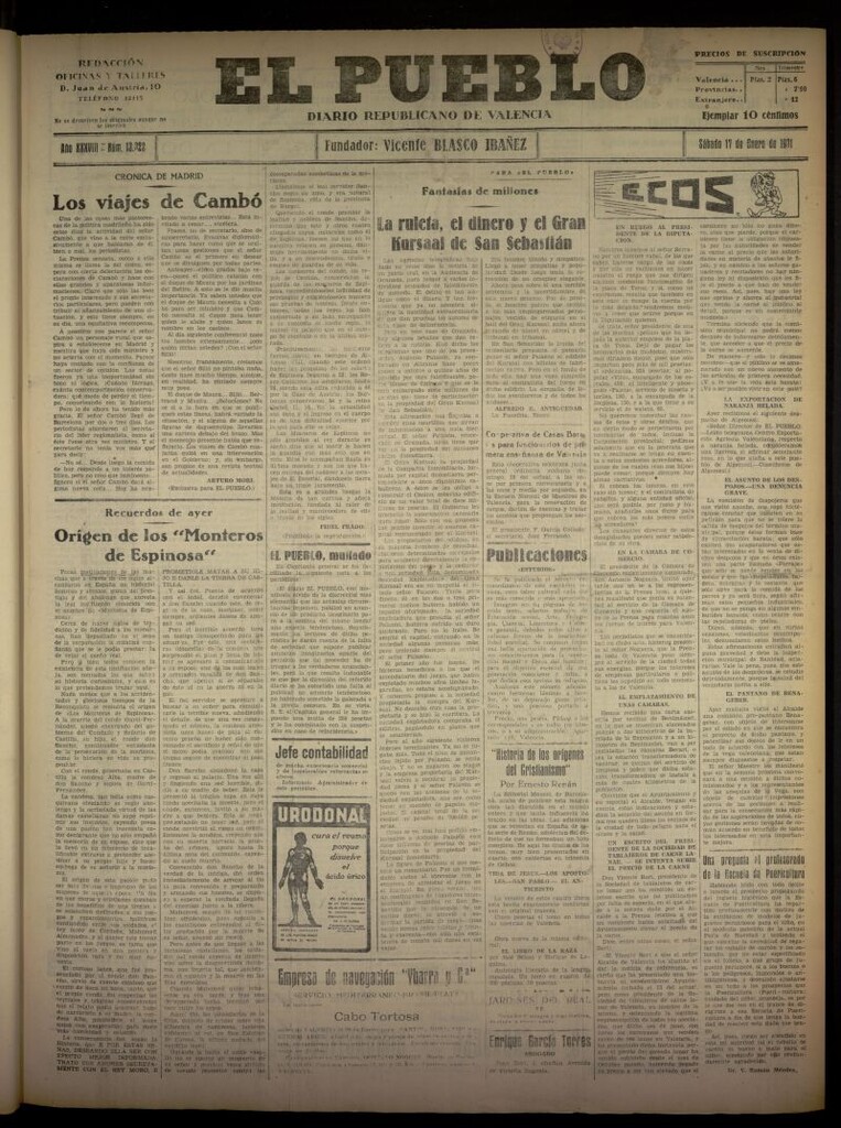 Miniatura de El Pueblo : Diario republicano de Valencia del 17 de enero de 1931, nº 13322