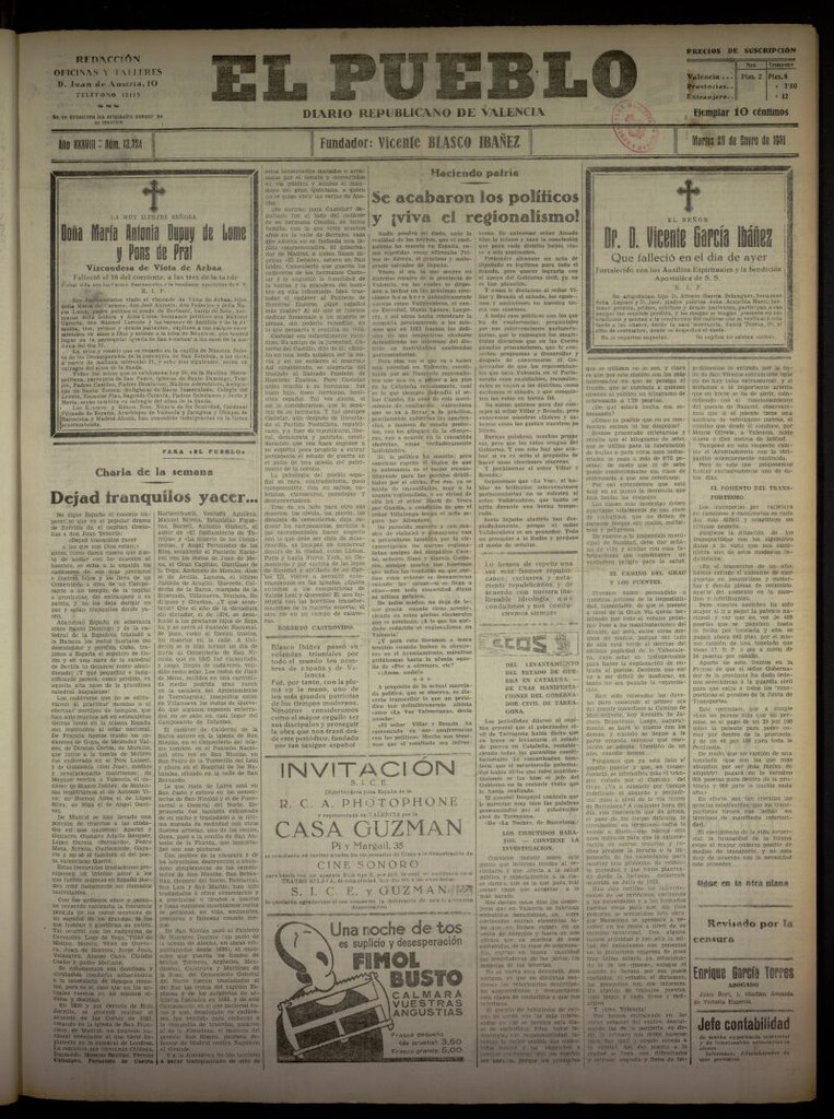 Miniatura de El Pueblo : Diario republicano de Valencia del 20 de enero de 1931, nº 13324