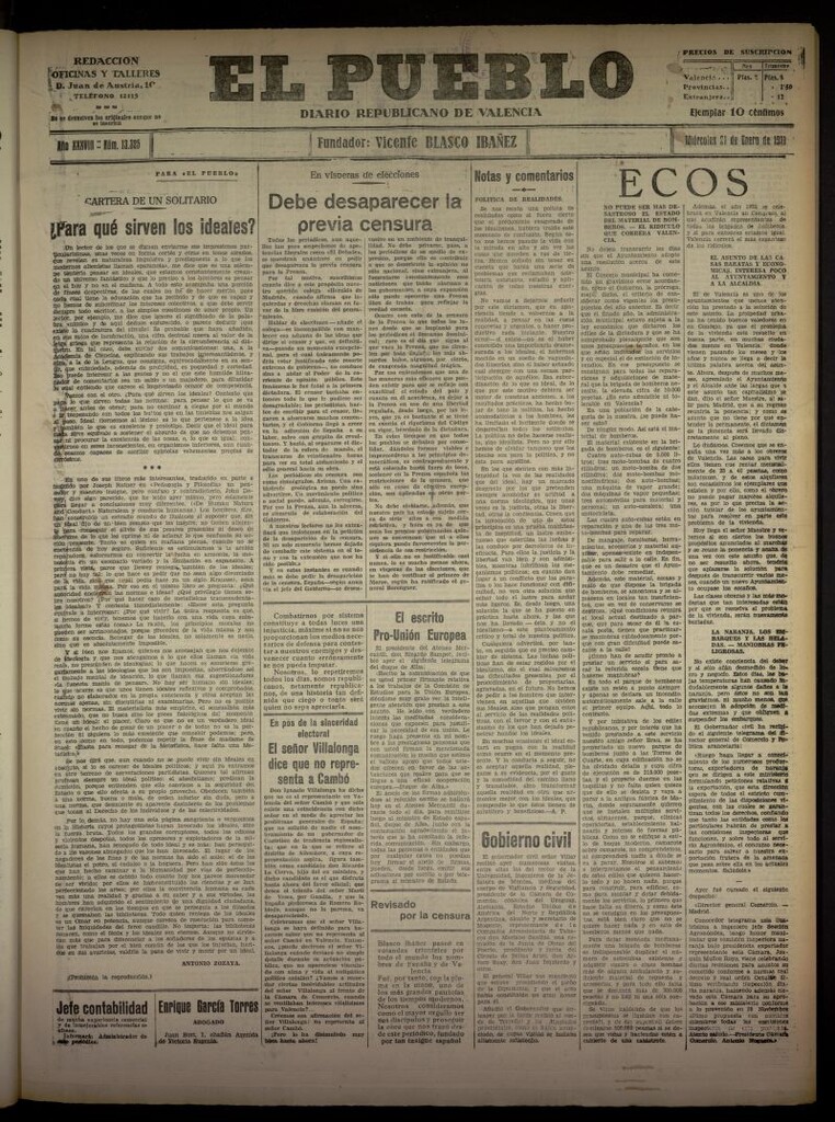 Miniatura de El Pueblo : Diario republicano de Valencia del 21 de enero de 1931, nº 13325