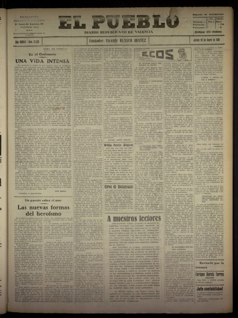 Miniatura de El Pueblo : Diario republicano de Valencia del 22 de enero de 1931, nº 13326