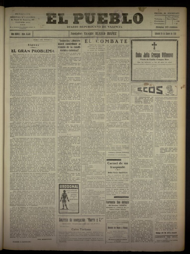 Miniatura de El Pueblo : Diario republicano de Valencia del 24 de enero de 1931, nº 13328