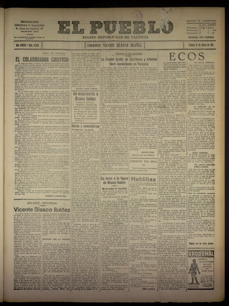 Miniatura de El Pueblo : Diario republicano de Valencia del 31 de enero de 1931, nº 13334