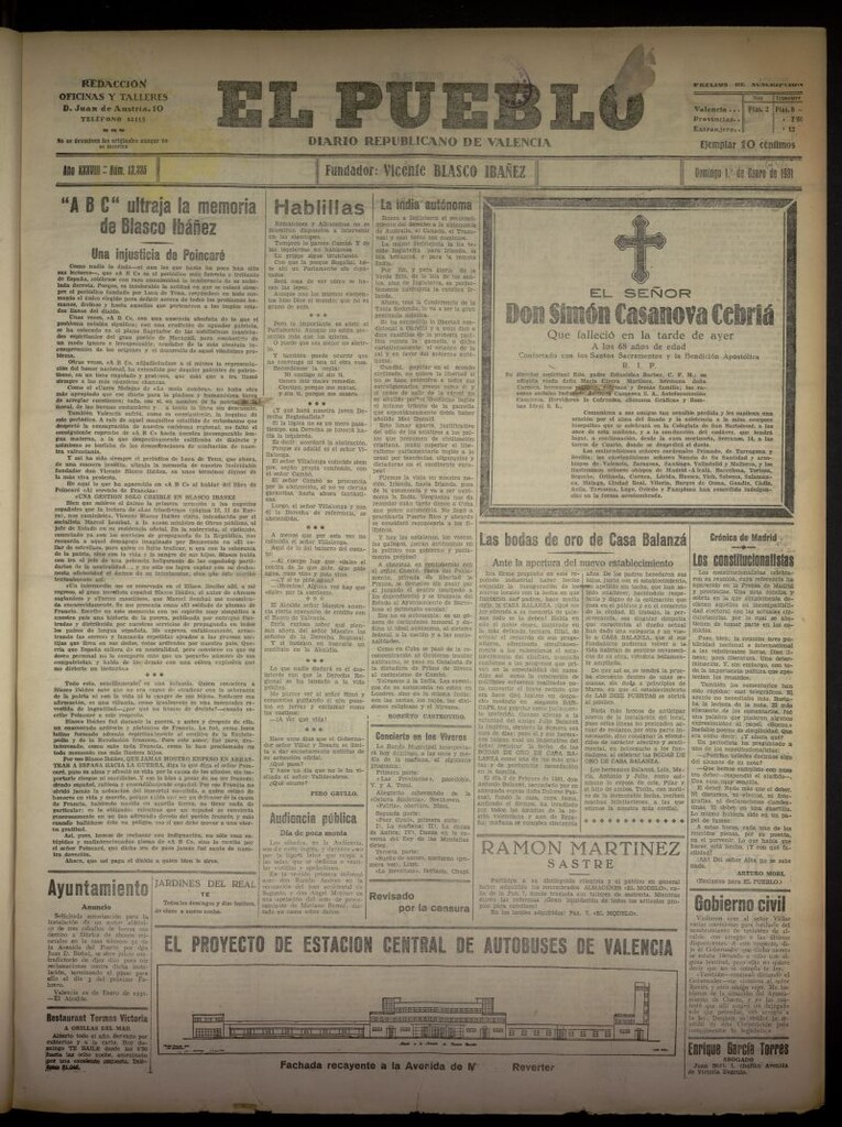Miniatura de El Pueblo : Diario republicano de Valencia del 1 de enero [sic] de 1931, nº 13335