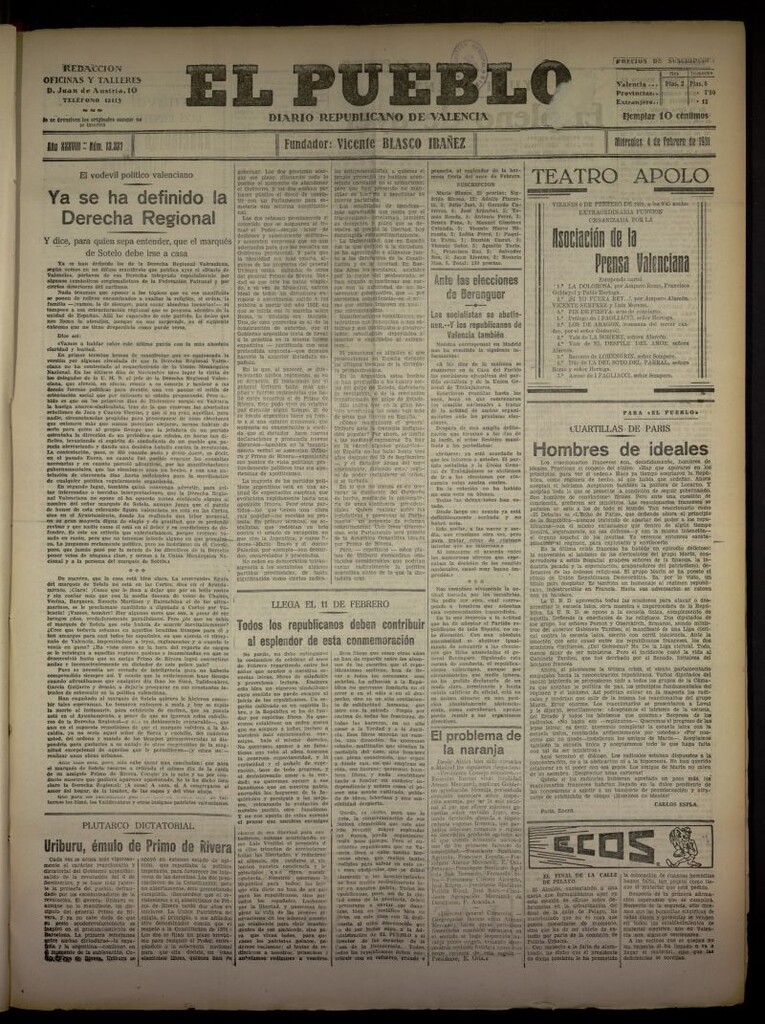 Miniatura de El Pueblo : Diario republicano de Valencia del 4 de febrero de 1931, nº 13337
