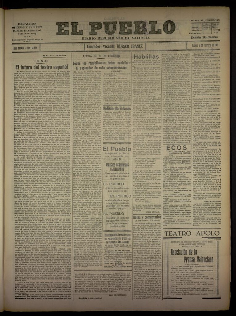 Miniatura de El Pueblo : Diario republicano de Valencia del 5 de febrero de 1931, nº 13338