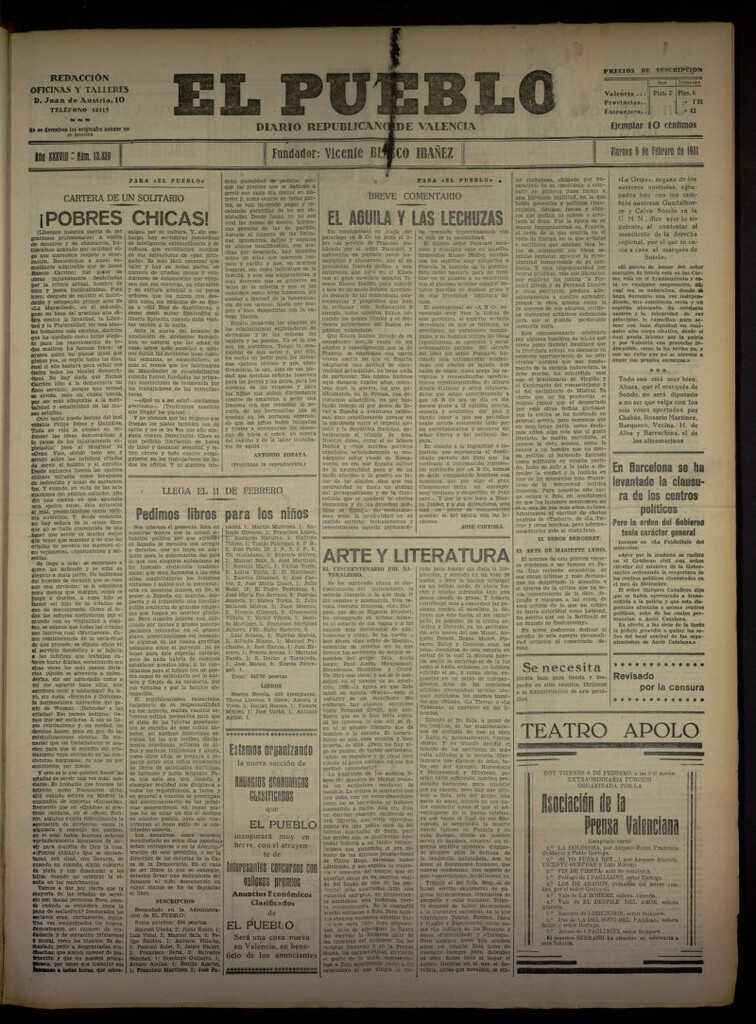 Miniatura de El Pueblo : Diario republicano de Valencia del 6 de febrero de 1931, nº 13339