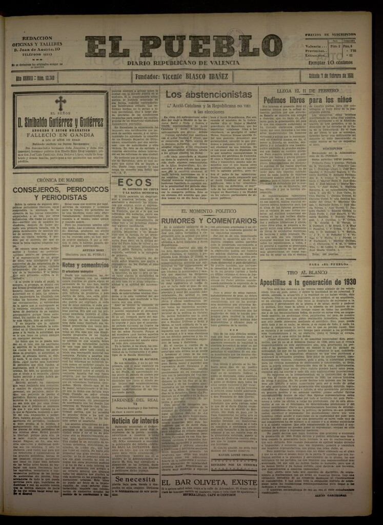 Miniatura de El Pueblo : Diario republicano de Valencia del 7 de febrero de 1931, nº 13340