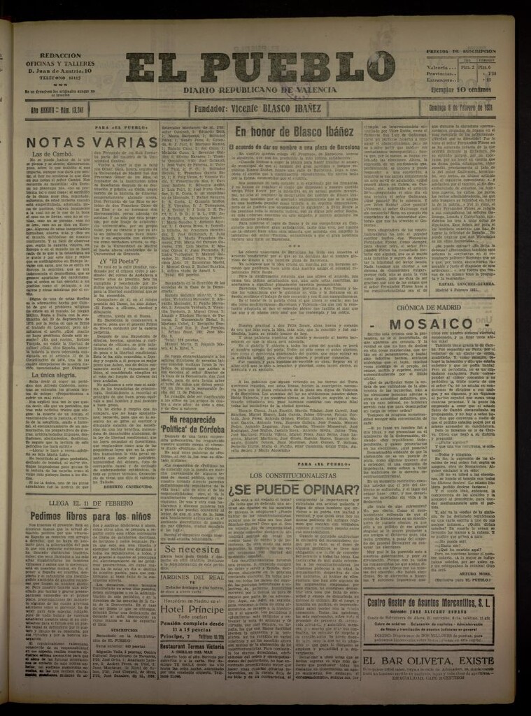 Miniatura de El Pueblo : Diario republicano de Valencia del 8 de febrero de 1931, nº 13341