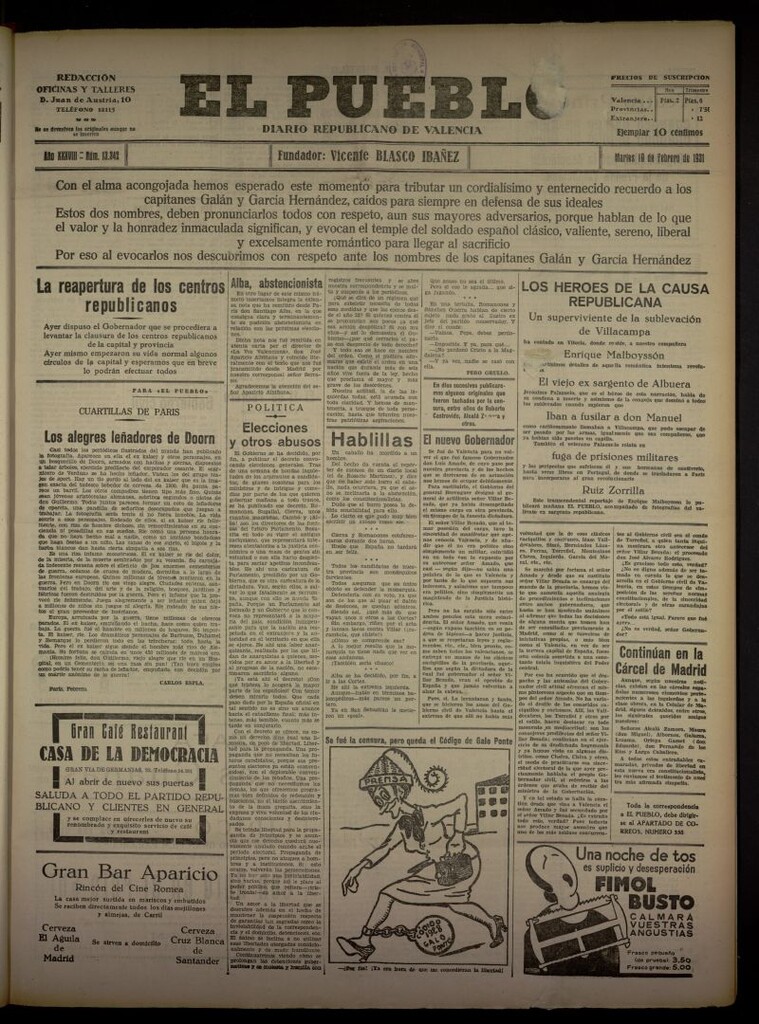 Miniatura de El Pueblo : Diario republicano de Valencia del 10 de febrero de 1931, nº 13342