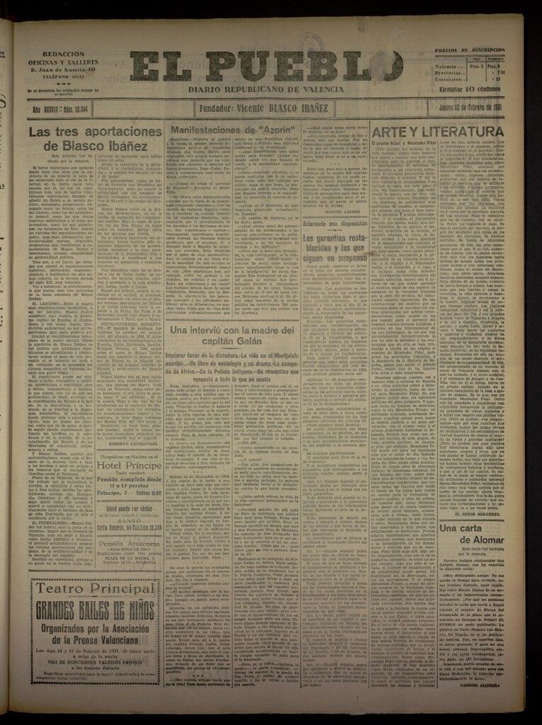 Miniatura de El Pueblo : Diario republicano de Valencia del 12 de febrero de 1931, nº 13344